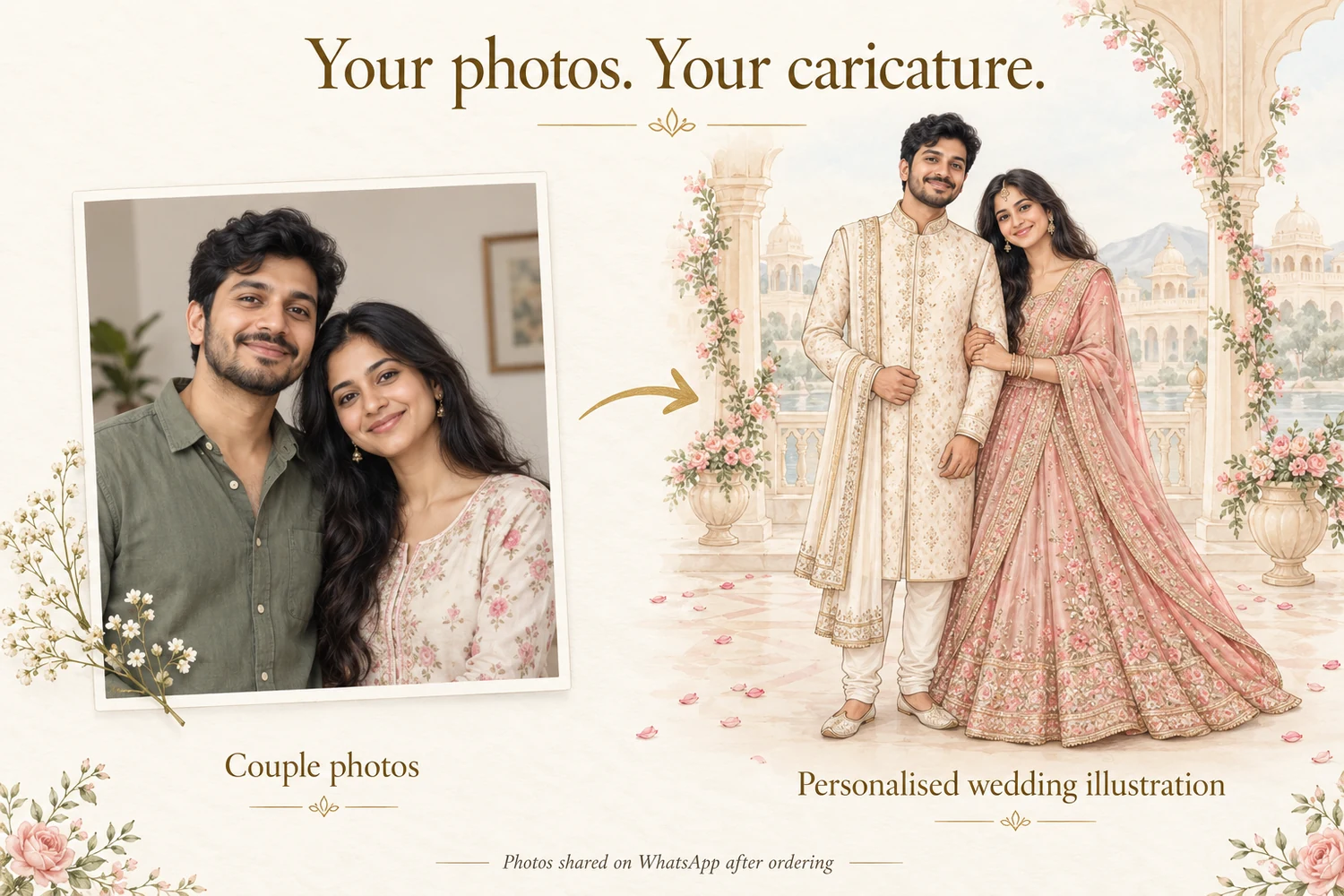 Example couple photos used to create a personalised wedding caricature, with photos shared on WhatsApp after ordering