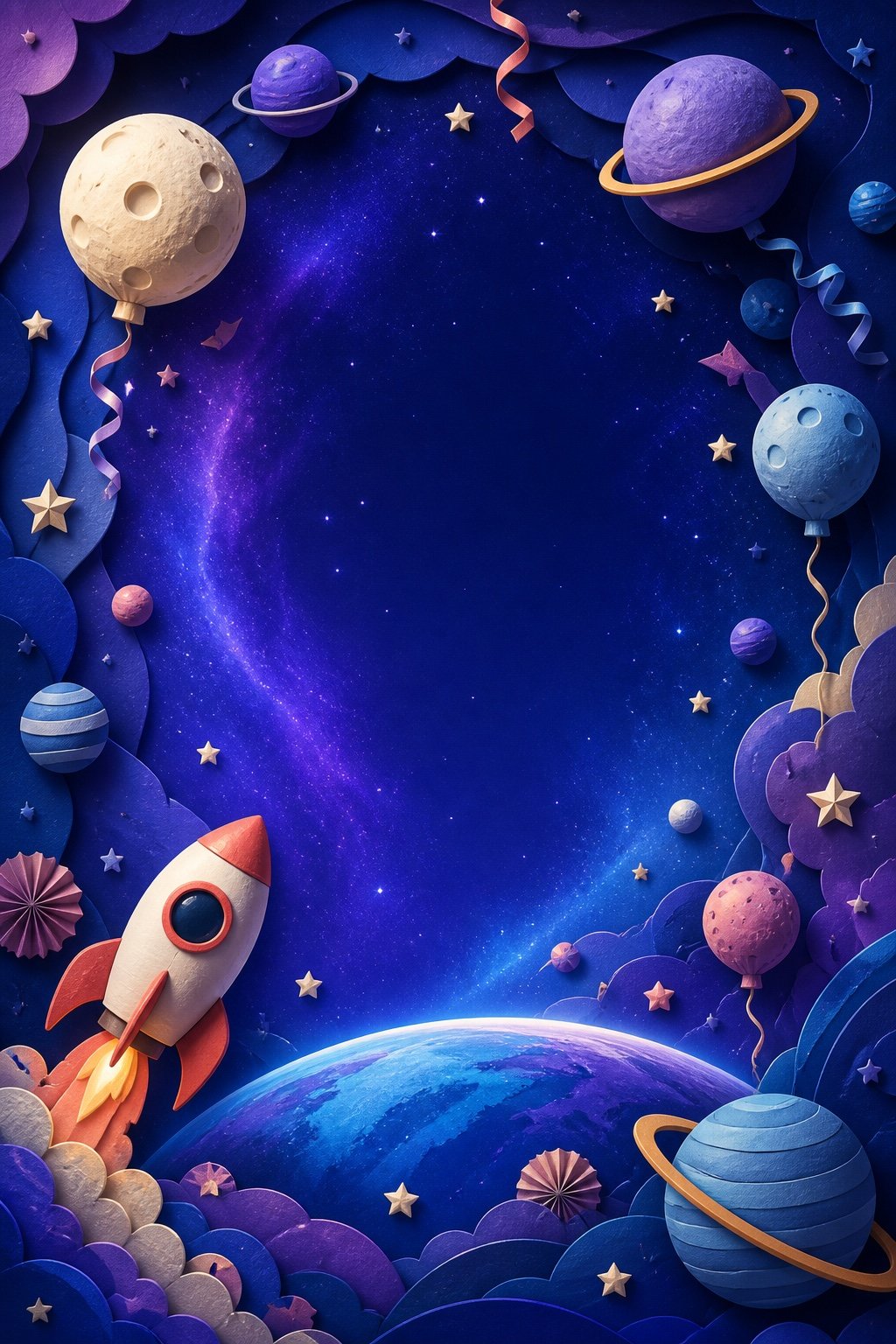 Illustrated space world with planets and a rocket