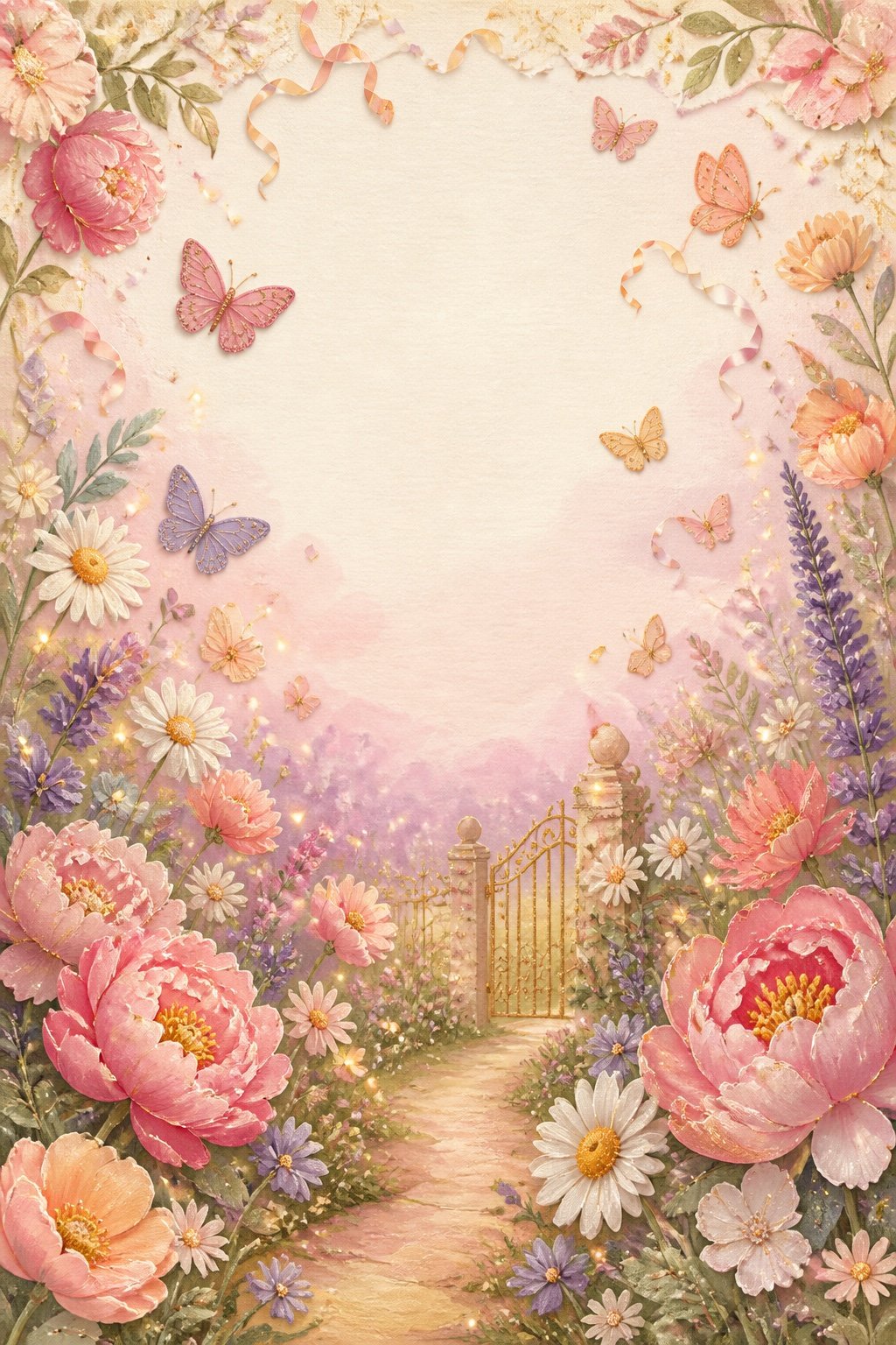 Hand-painted enchanted garden with flowers and butterflies