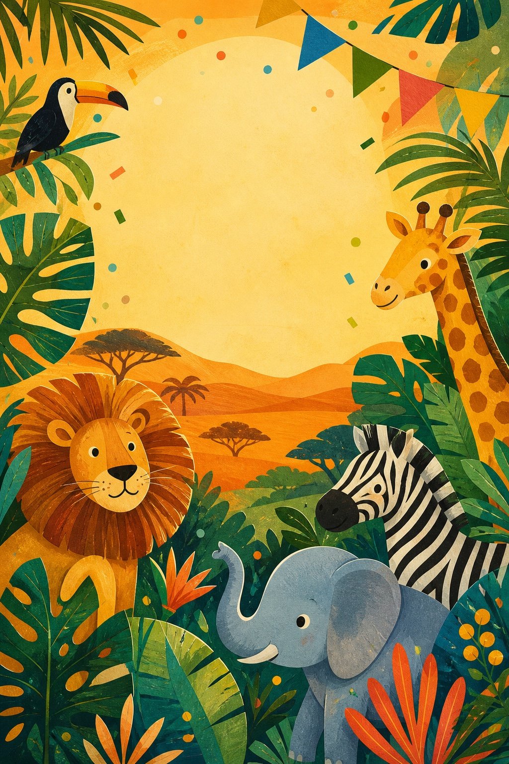 Painted paper collage of friendly safari animals