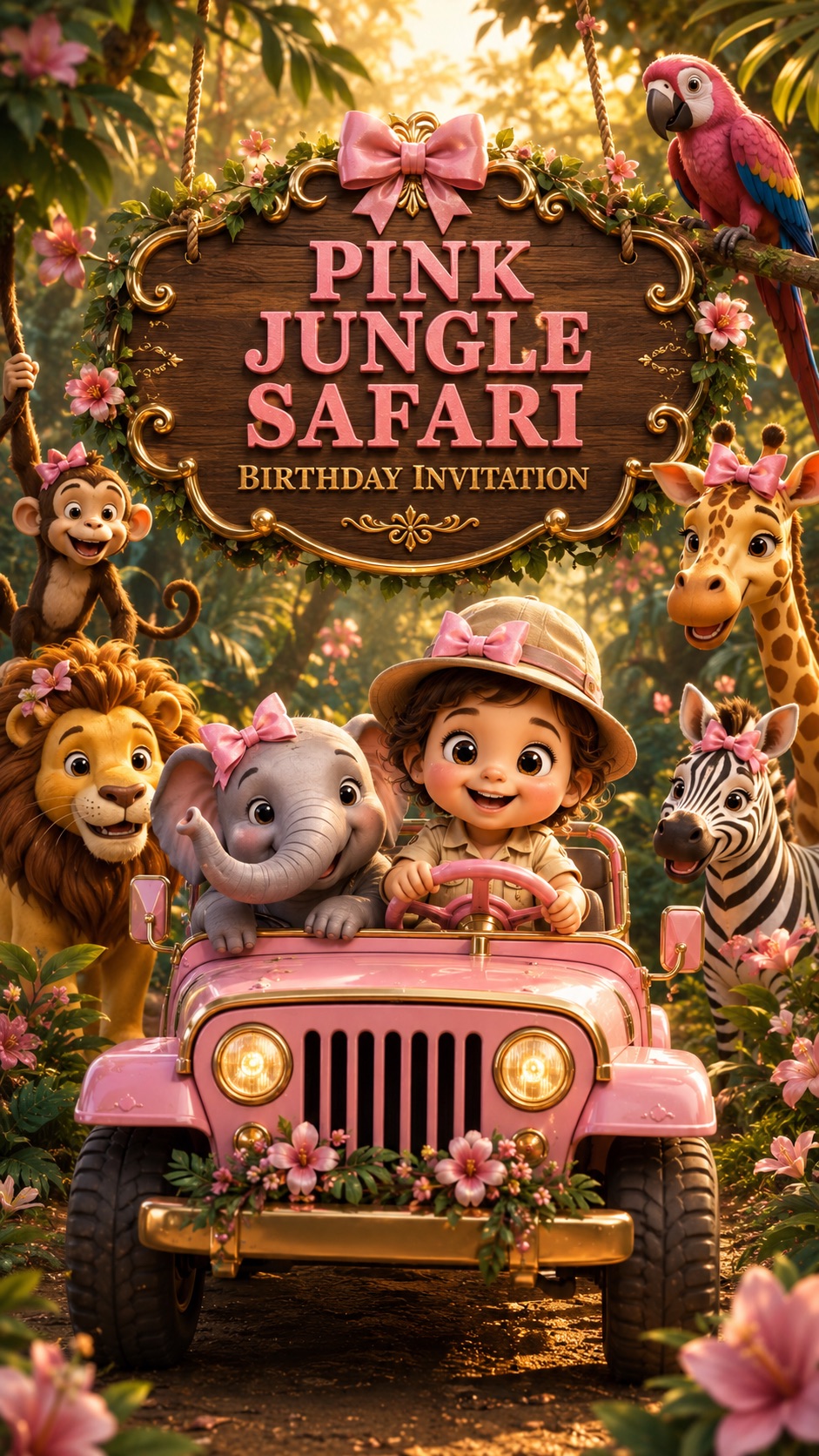 Pink Jungle Safari invitation preview