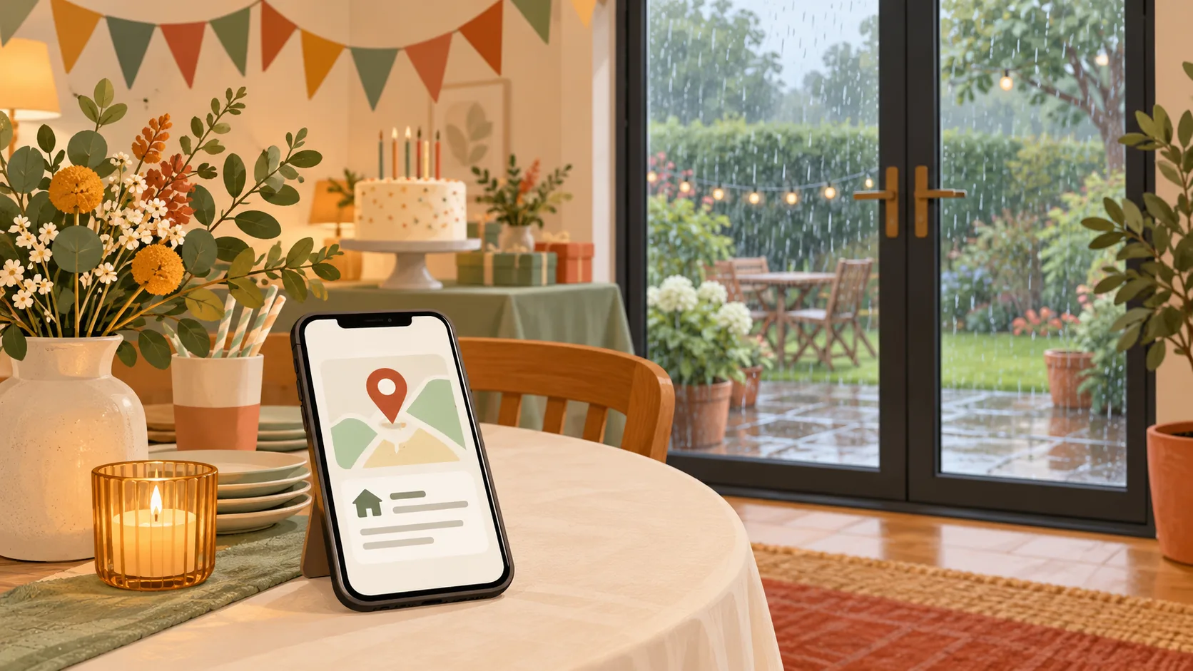 A phone with an illustrated map pin sits in a warm birthday room with bunting and a cake, while rain falls in the garden beyond closed glass doors.