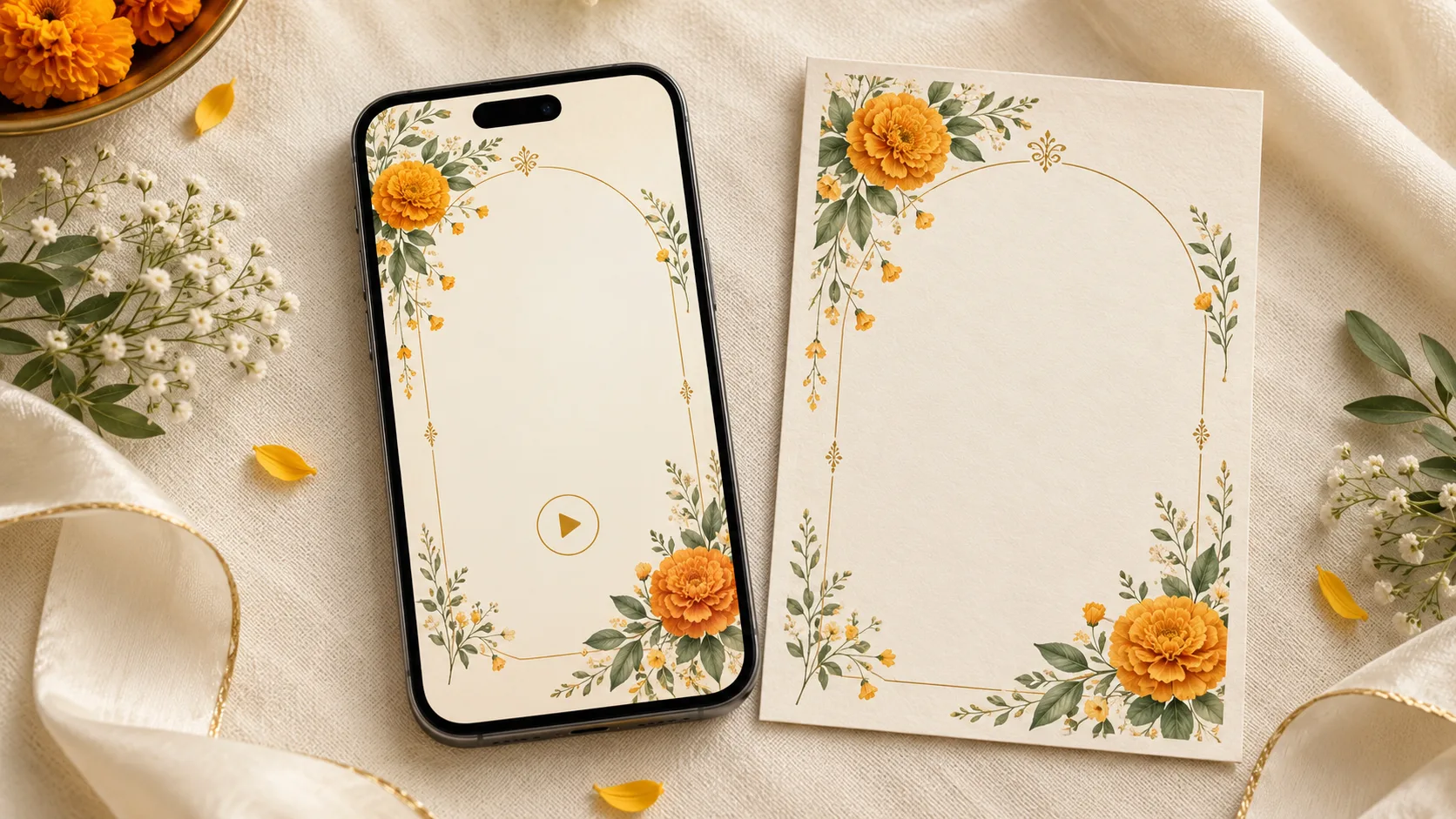 A smartphone with a botanical wedding video cover and play symbol beside a matching ivory invitation card, sage leaves and marigold flowers.