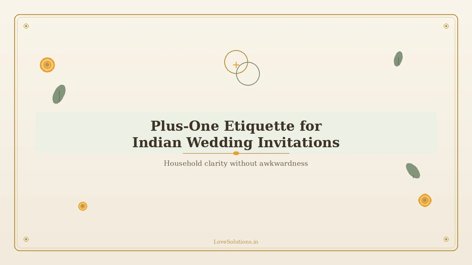 Overlapping gold and sage circles suggesting plus-one etiquette on an ivory wedding invitation backdrop