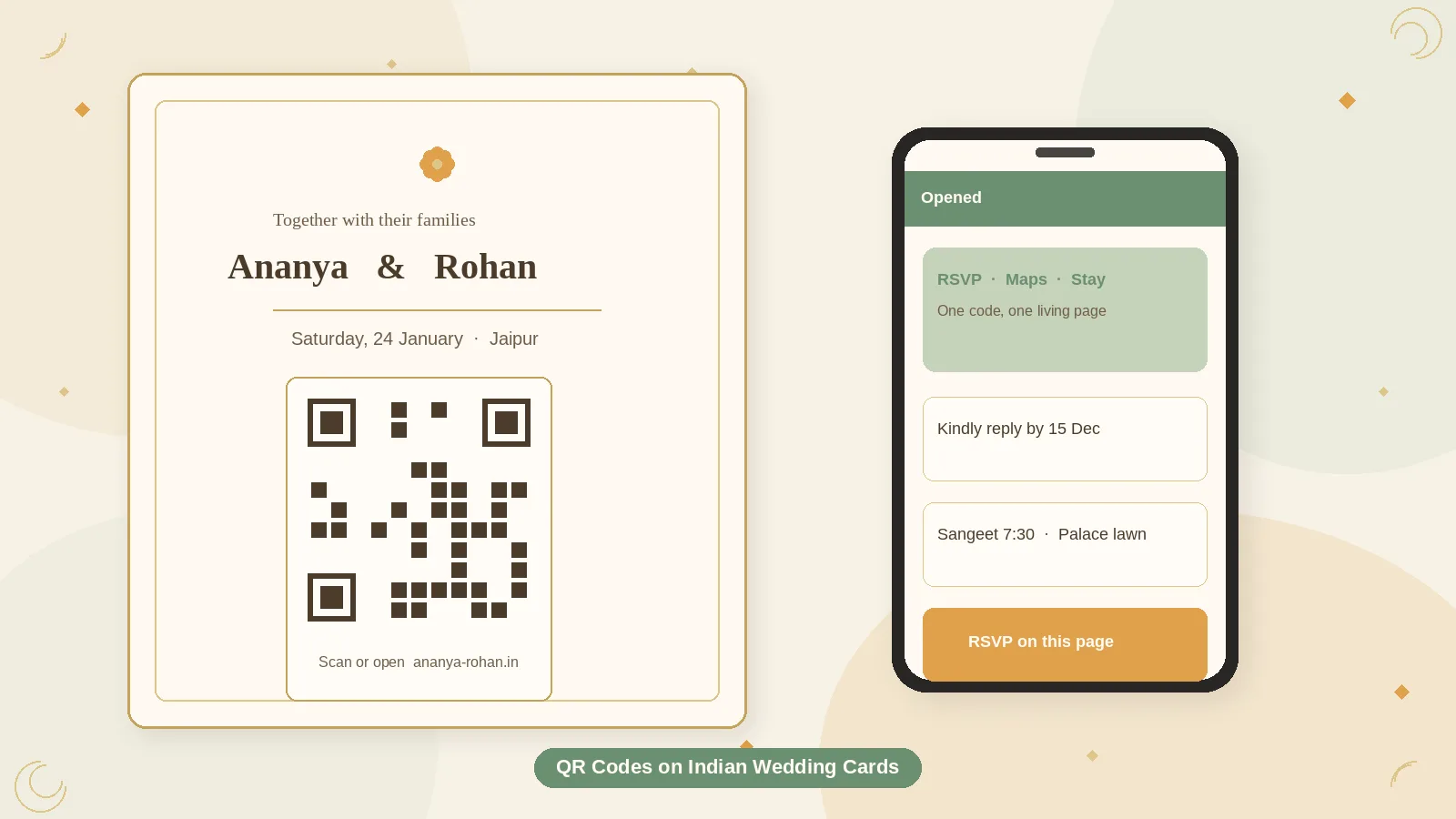 Indian wedding card with a gold-framed QR code being scanned by a phone on an ivory desk