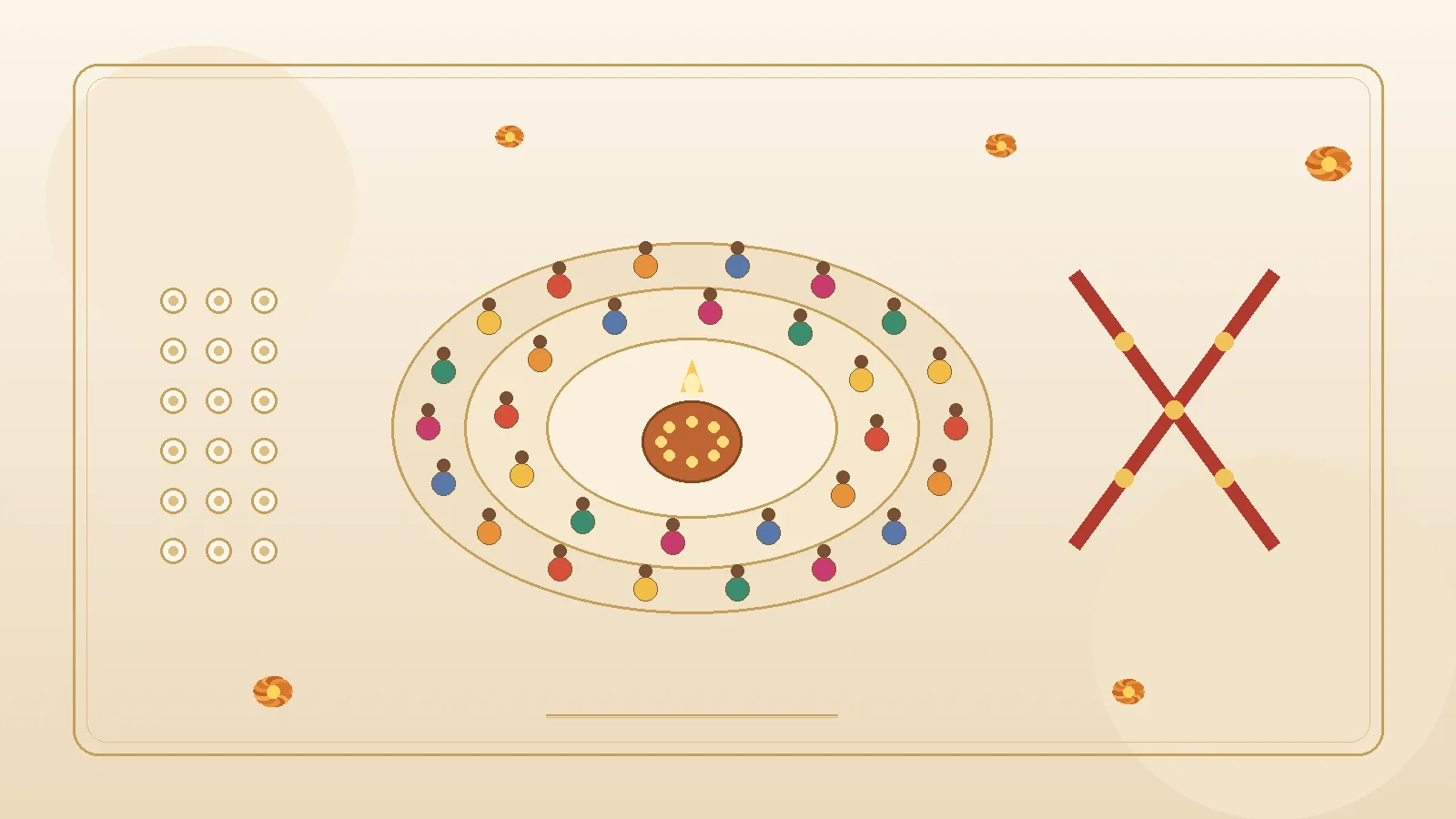Warm ivory editorial garba circle motif with crossed dandiya sticks, garbo lamp and marigold accents