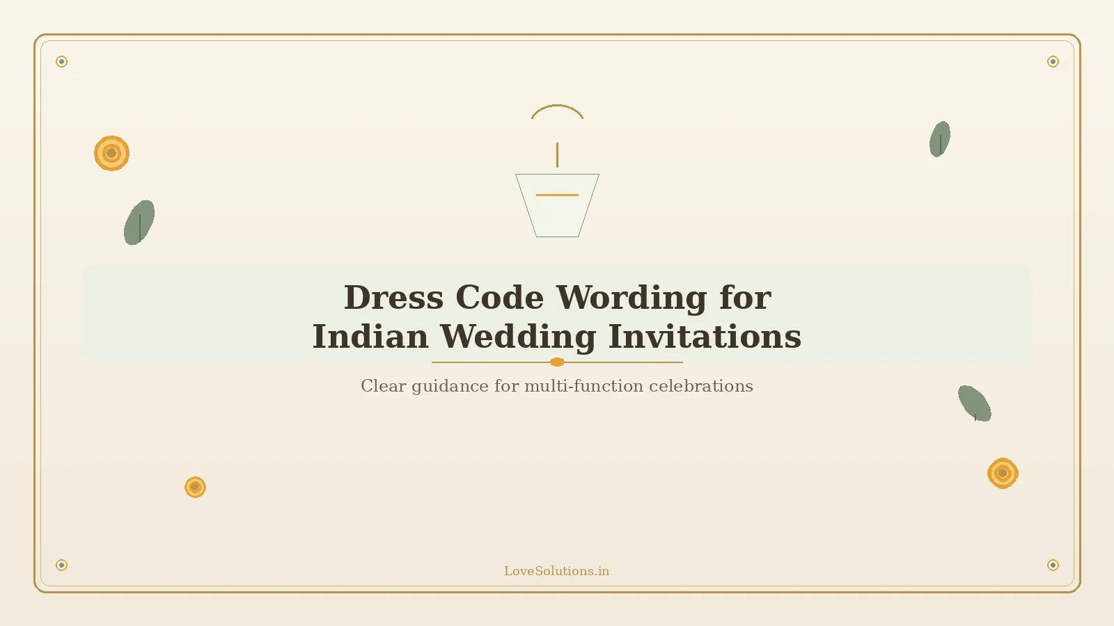Elegant dress-code motif with sage sash and gold frame on ivory background for Indian wedding invites