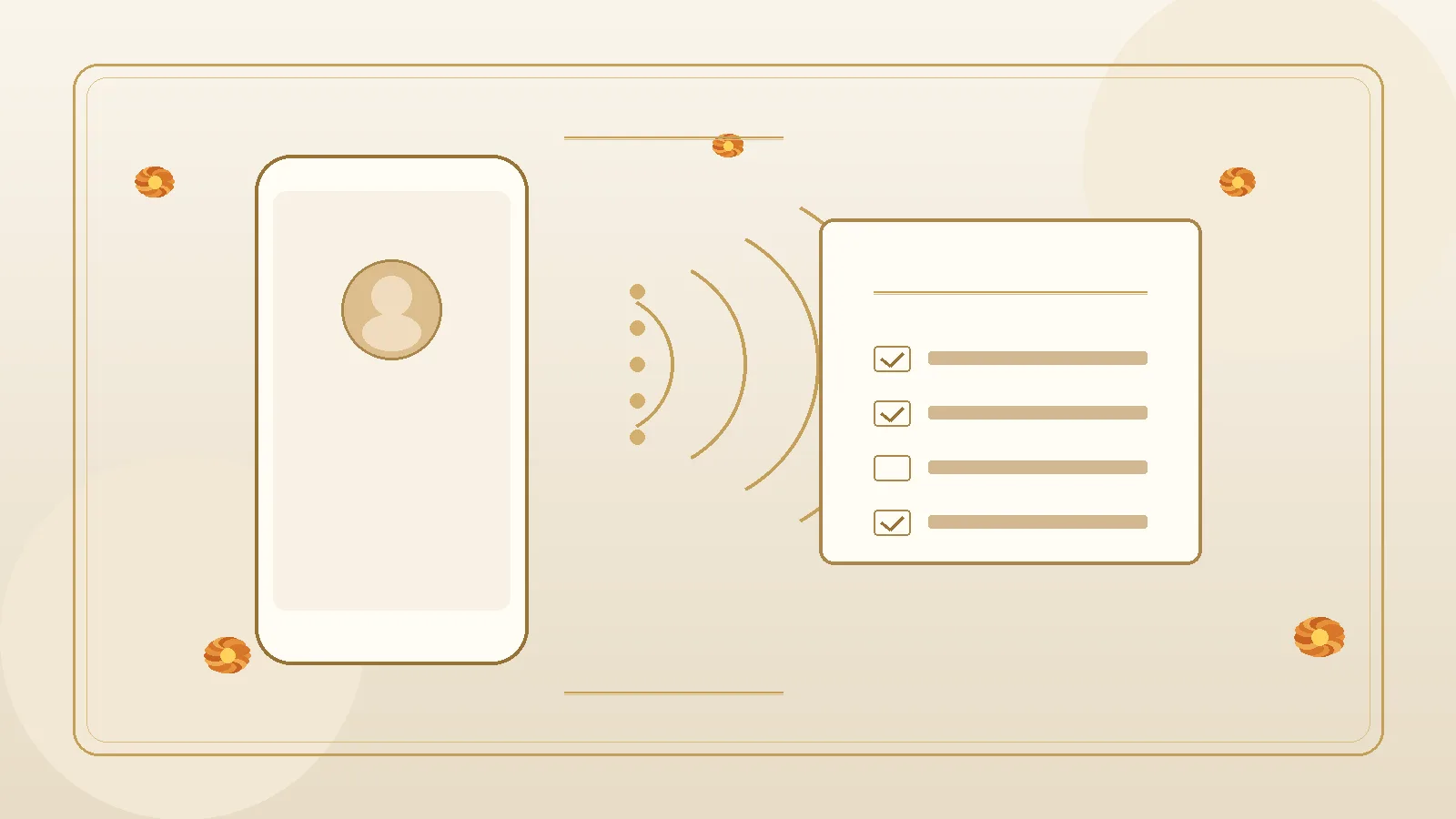 Warm ivory editorial phone with soft voice waves beside wedding guest card and marigold