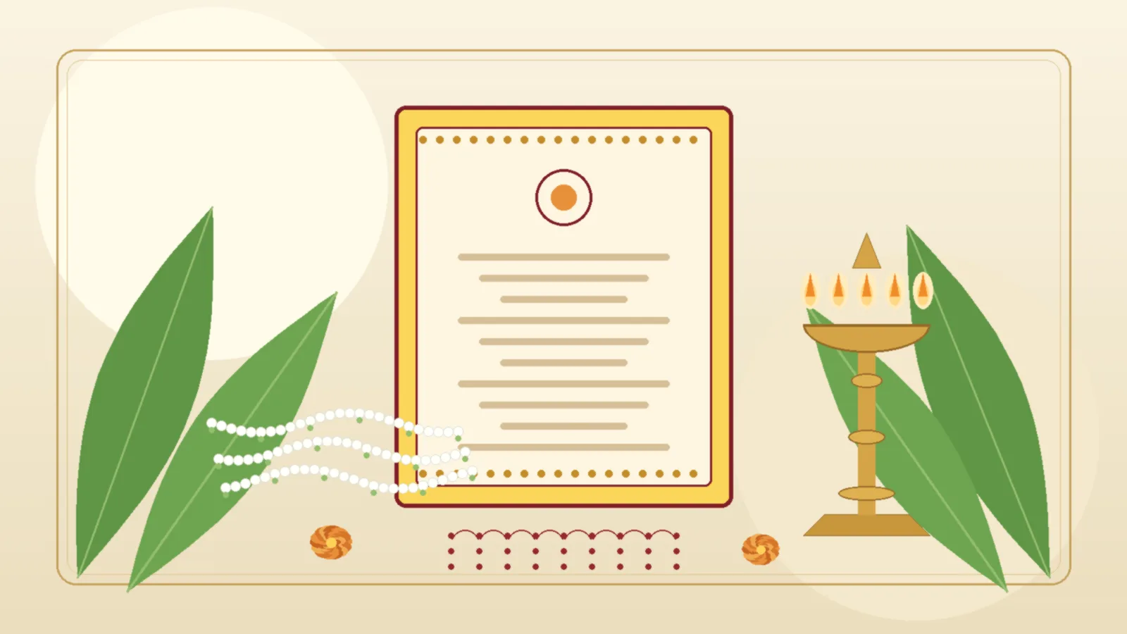 Illustrated Tamil wedding card with a yellow and maroon border beside a brass kuthuvilakku lamp, banana leaves, jasmine strings and a kolam pattern
