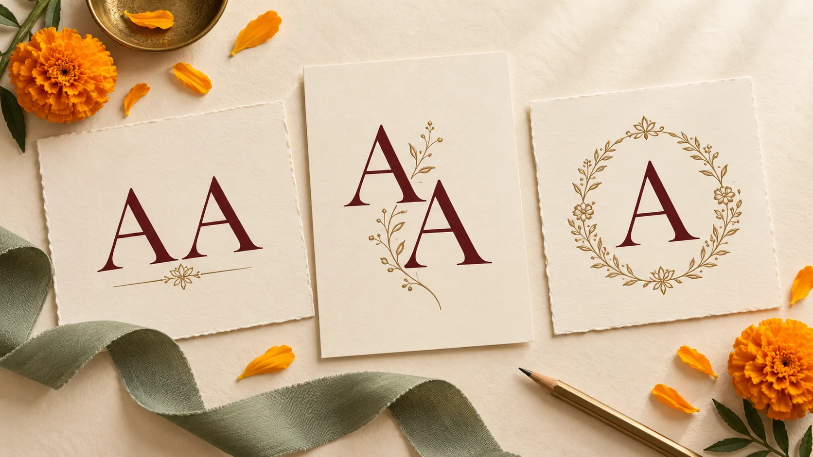 Three ivory cards show side-by-side A initials, an offset pair of A initials and a single A within a wreath, beside marigolds, a sage ribbon and a pencil.