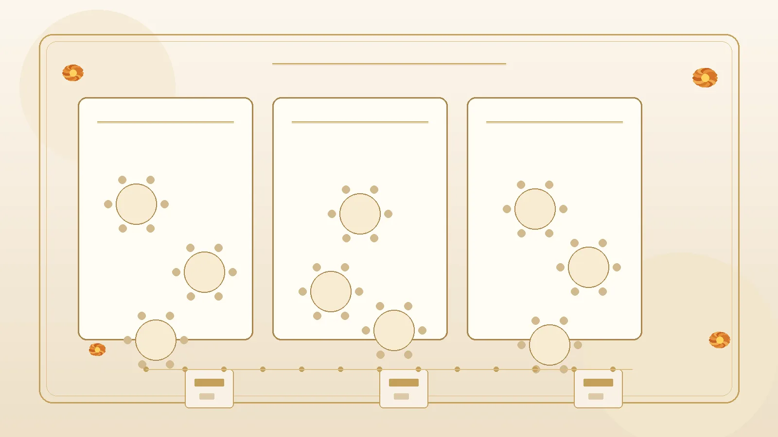 Warm ivory editorial round tables with seating chart cards across three soft event panels