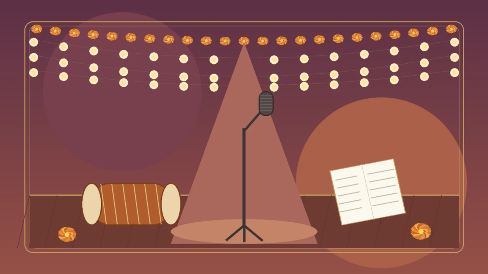 Illustrated sangeet stage with a microphone on a stand, fairy lights, a dholak, marigold garlands and a folded speech card