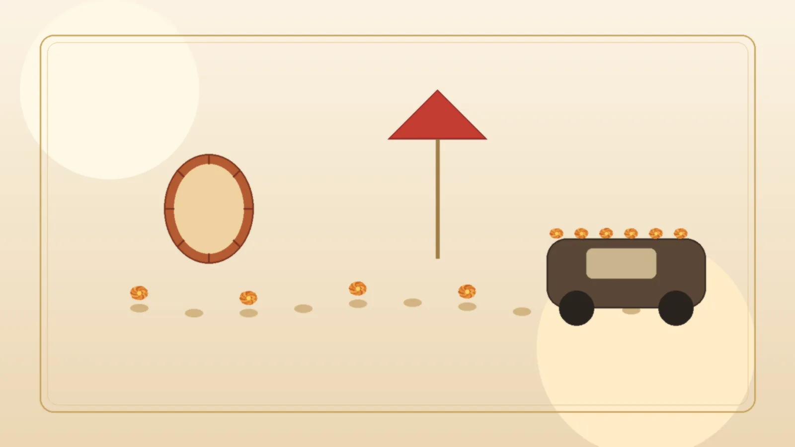 Warm ivory editorial scene of a wedding procession path with marigold dots, dhol, decorative umbrella and garlanded car silhouette