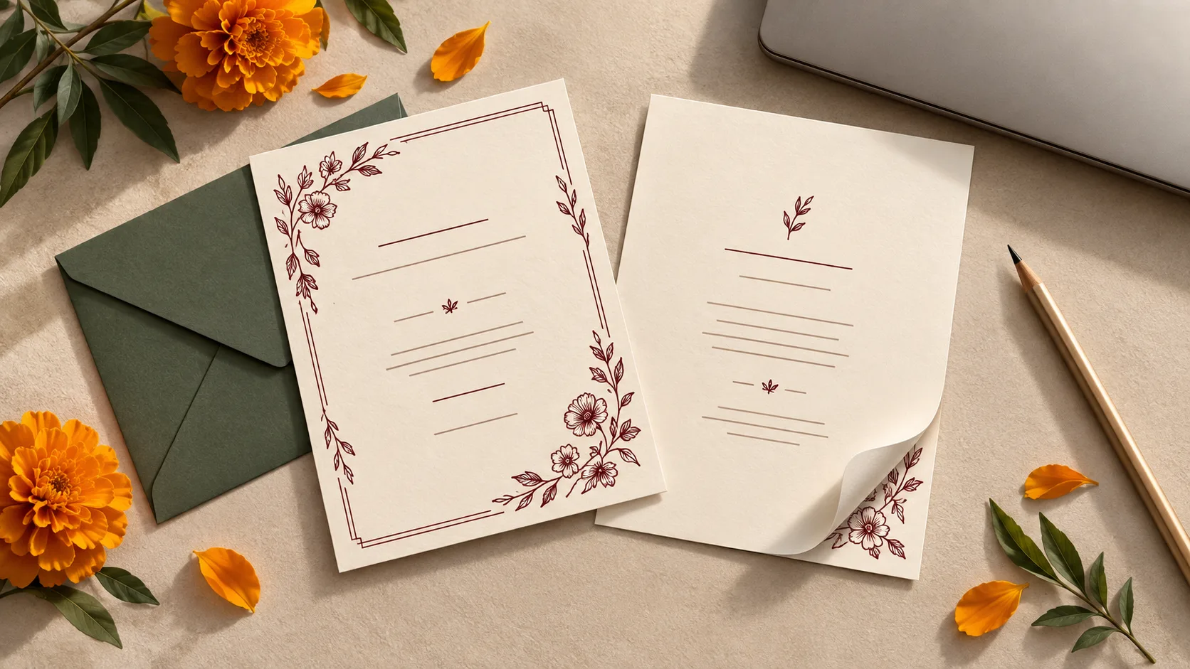 Two ivory invitation proof cards with burgundy floral details and abstract text lines sit beside a sage envelope, a closed laptop, a pencil and marigolds.
