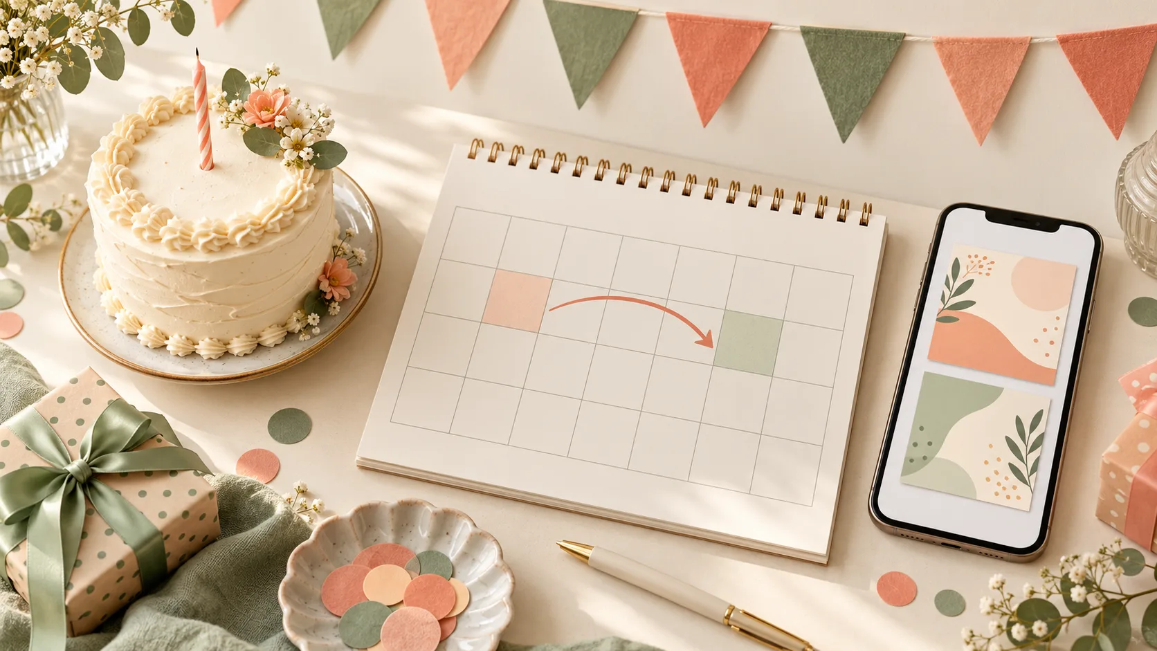 A birthday cake, party bunting and an updated calendar beside a phone with an abstract invitation on an ivory desk.