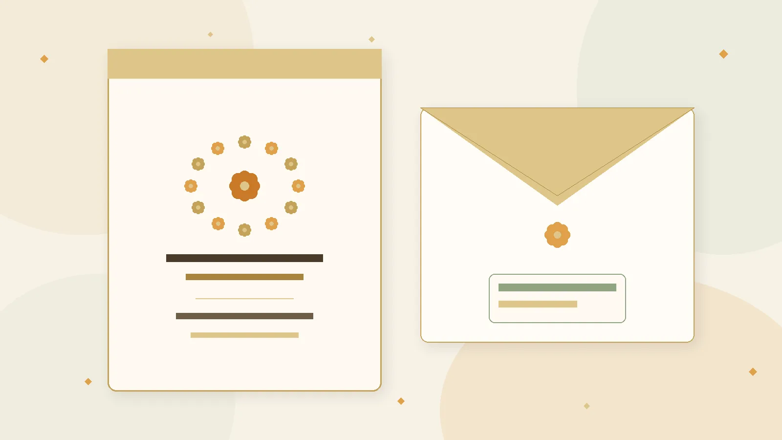 Warm ivory invitation suite with marigold floral accents and soft gold editorial lighting, no text overlay