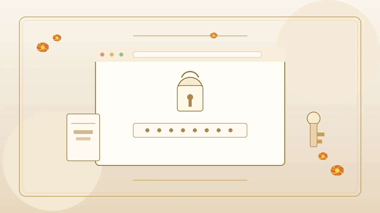 Warm ivory editorial wedding website card with soft gold lock motif and marigold accent