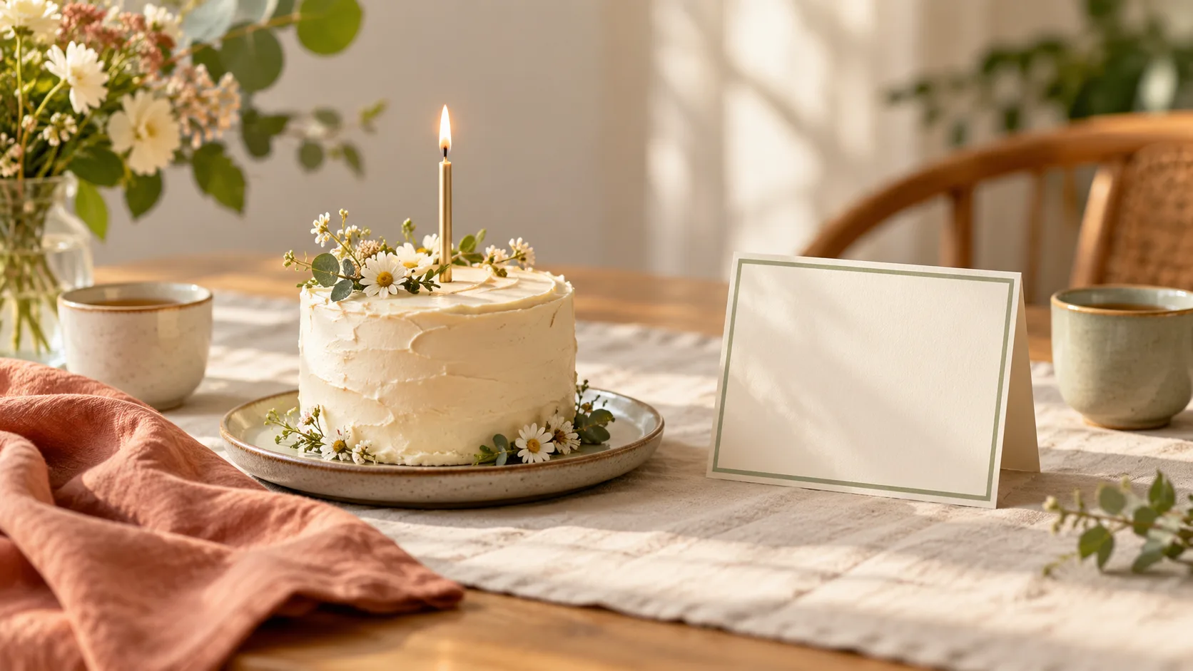 Small birthday cake with one lit candle beside a blank sage-bordered invitation and two cups on a warmly lit table.