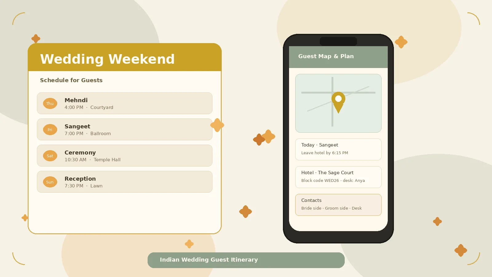 Phone showing a wedding weekend itinerary and map pin beside marigold petals and an ivory schedule card