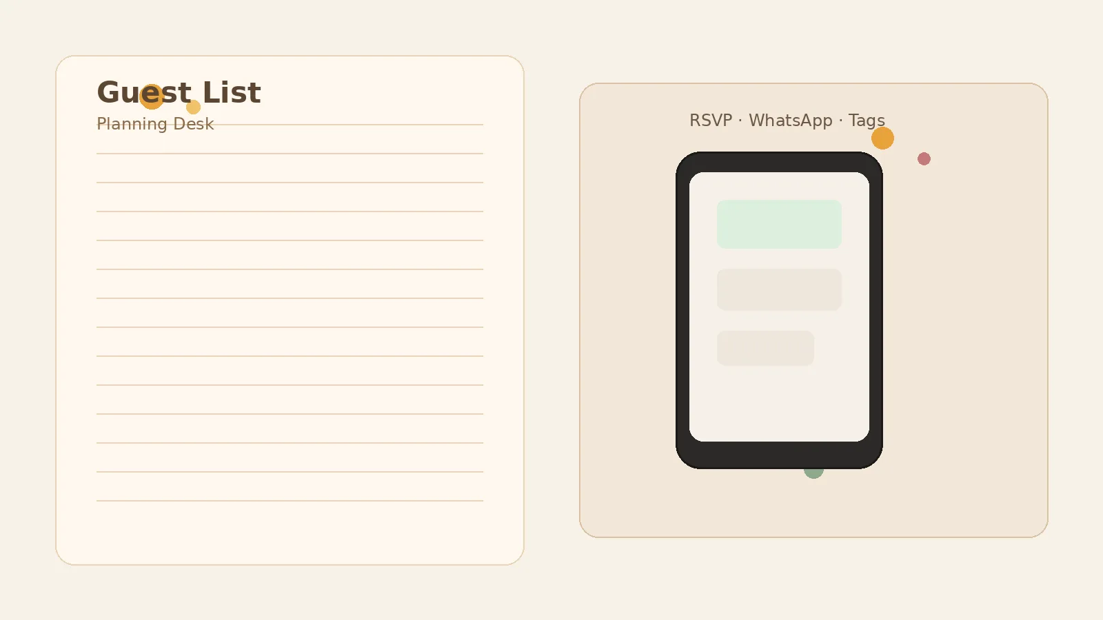 Wedding planning desk with guest-list notebook, phone WhatsApp chat, and invitation cards