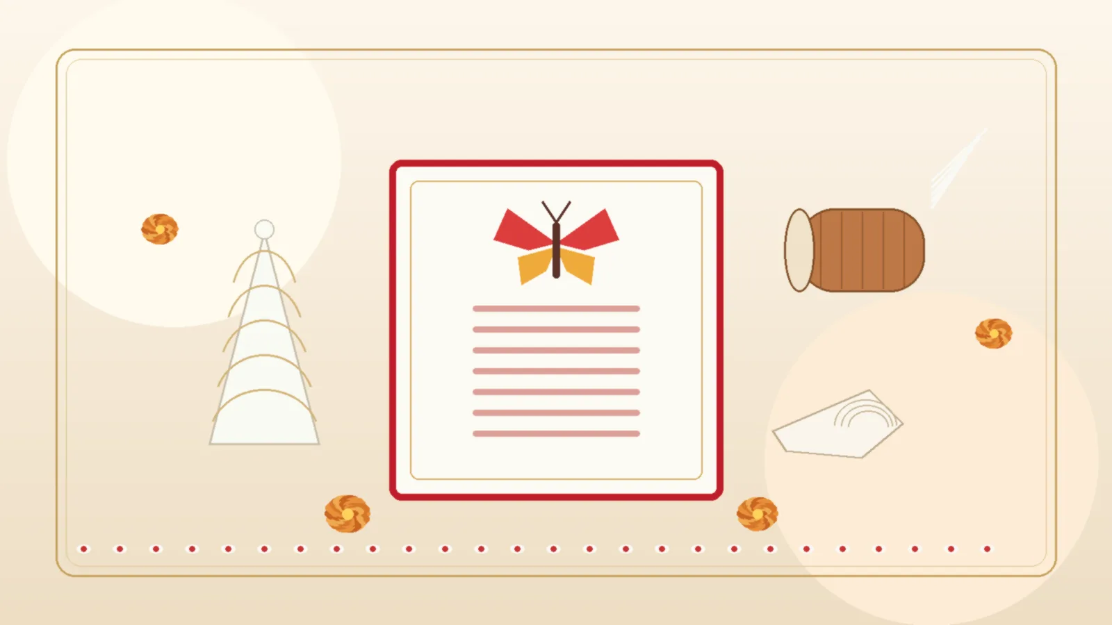 Illustrated red and white Bengali wedding card with a butterfly motif, a shola topor, a conch shell, a dhak drum and marigolds