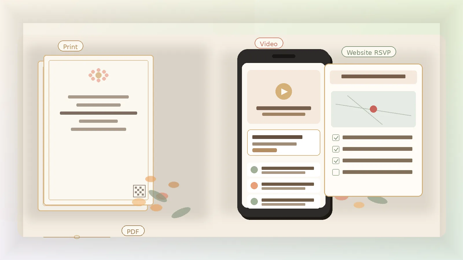 Flat lay of hybrid Indian wedding invitation channels: printed cards, phone video invite, and website RSVP panel