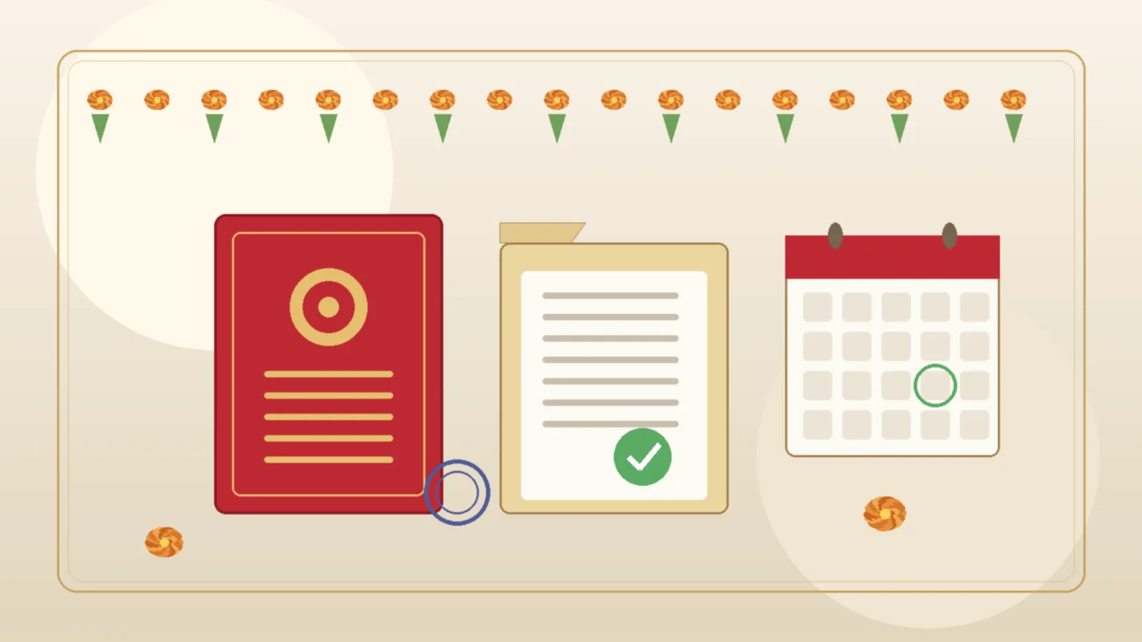Illustrated Gujarati wedding kankotri beside a document folder with a green tick, a calendar marked at sixty days and marigolds