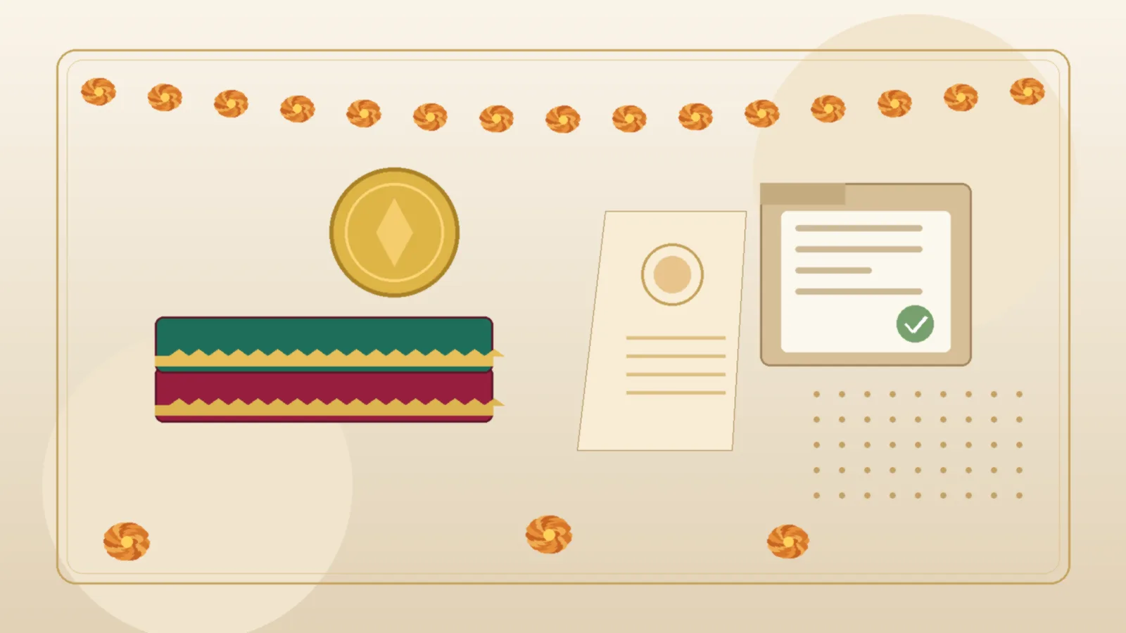 Warm ivory editorial scene of folded silk sarees with gold zari borders, a gold coin, a wedding invitation card and a document folder with a green tick beside kolam dots