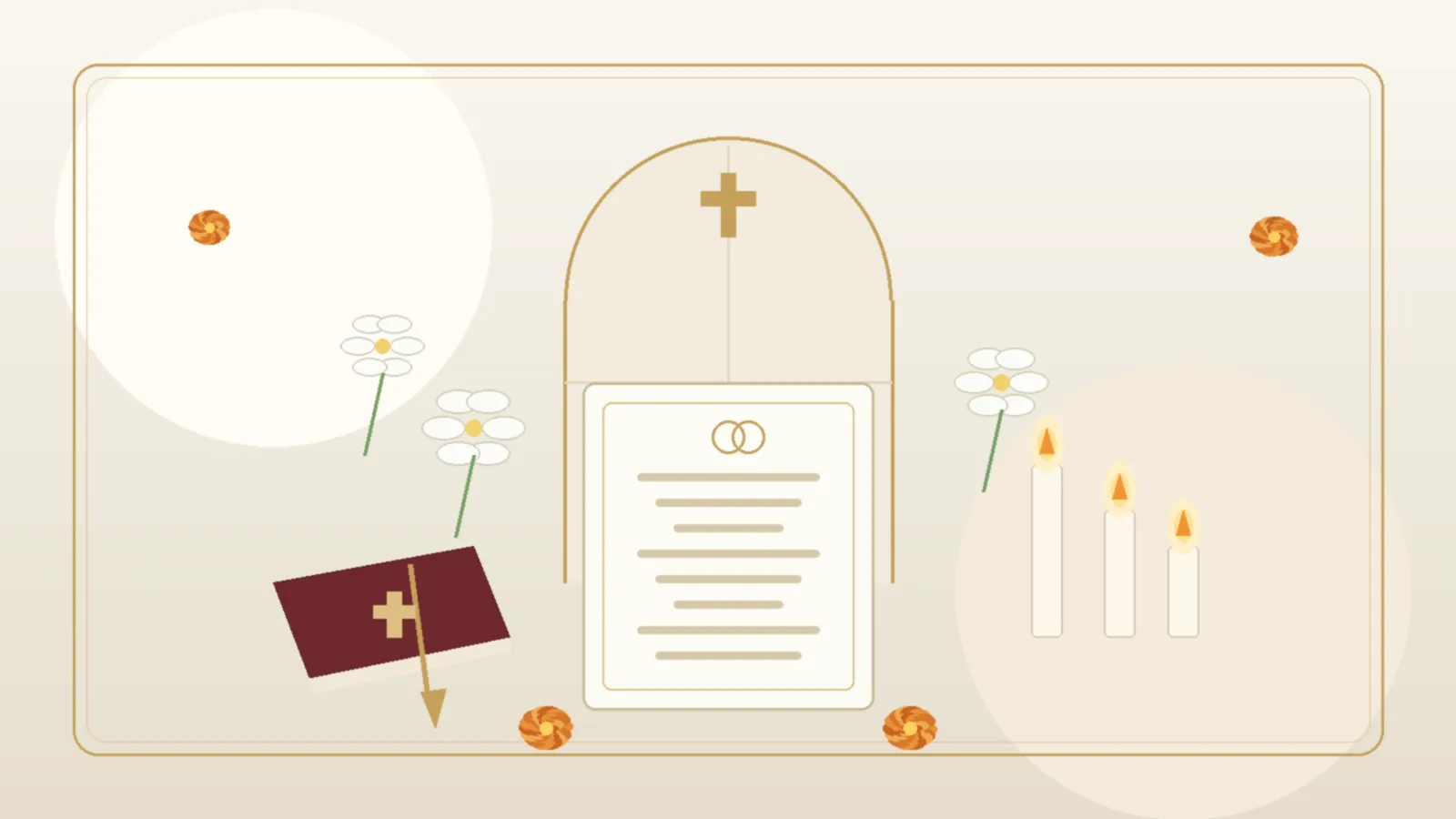 Illustrated church wedding card under a soft arched window with a small cross, white lilies, a ribbon-tied Bible, candles and marigolds