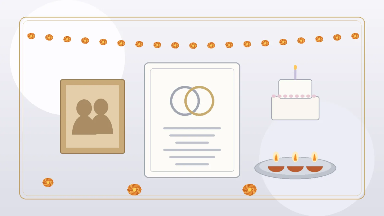 Illustrated silver and ivory anniversary card with two entwined rings, an old wedding photo frame, a silver tray with diyas, marigold garlands and a small cake