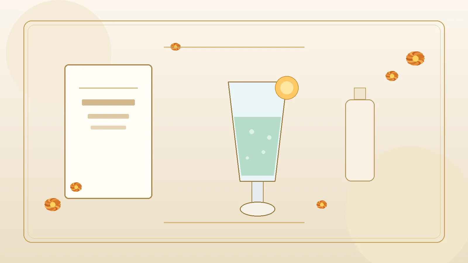 Warm ivory editorial soft drink glass with marigold and invitation card silhouette