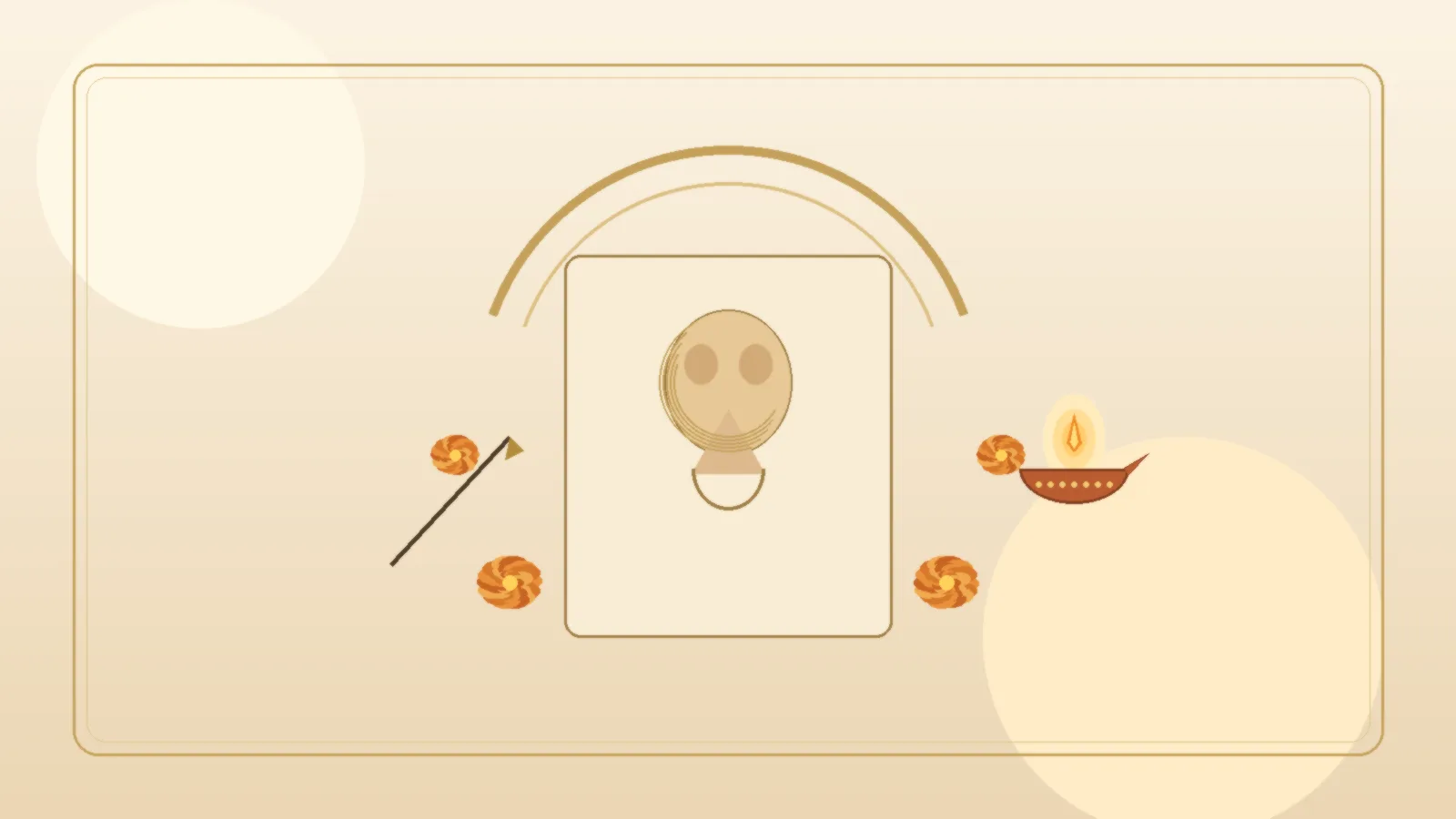 Warm ivory editorial scene of a wedding invitation card with a soft Ganesh motif arch, marigold garland, brass diya and fountain pen