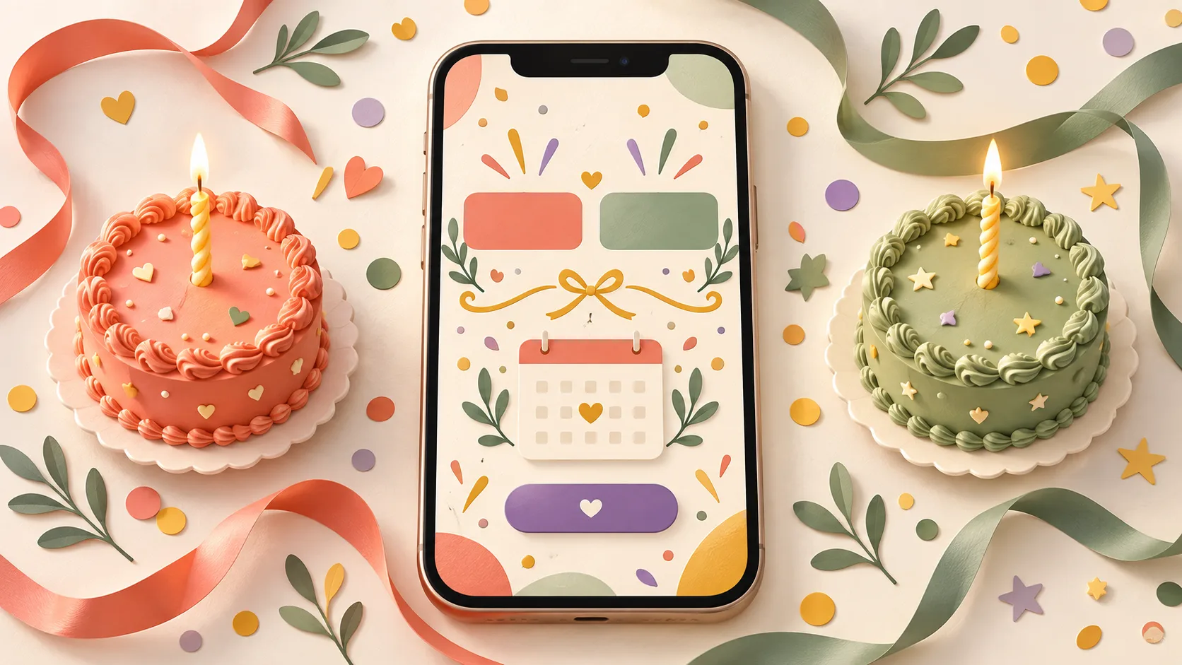 Two small birthday cakes in coral and sage beside a phone showing an abstract shared birthday invitation on an ivory background.
