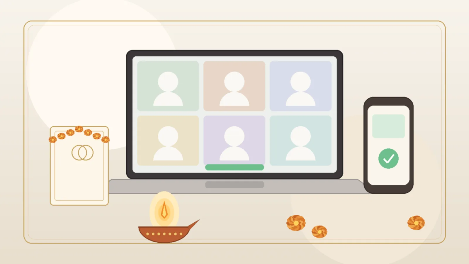 Illustrated laptop showing a video call grid of soft blank tiles beside a phone, a garlanded wedding card, a diya and marigolds