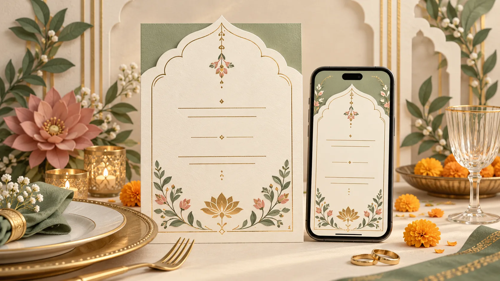 Ivory reception invitation and a matching phone illustration beside a sage place setting, flowers and gold wedding rings.