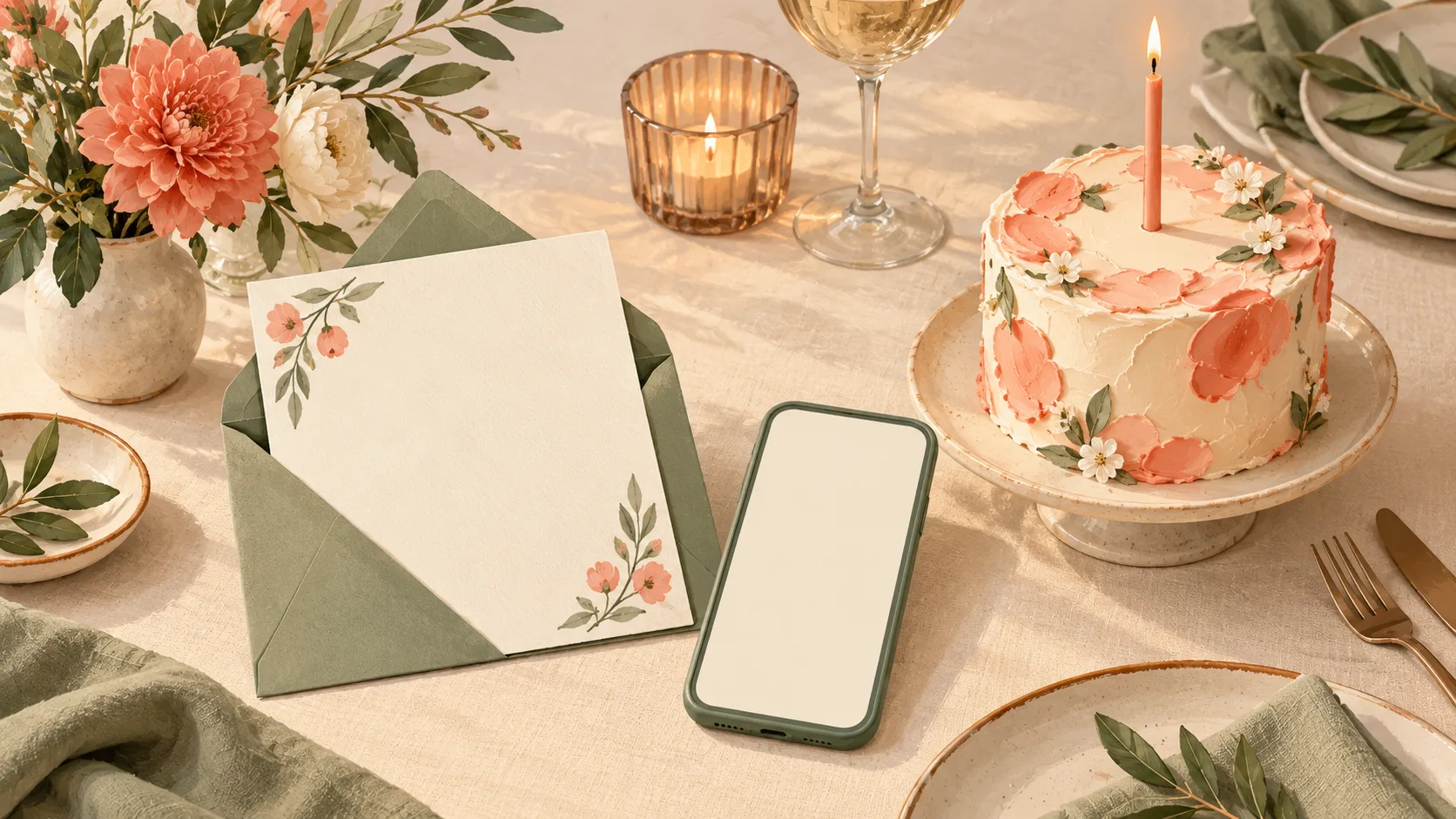 Elegant birthday dinner setting with a blank invitation, phone, cake and simple candle in cream, sage and coral, without age numbers.