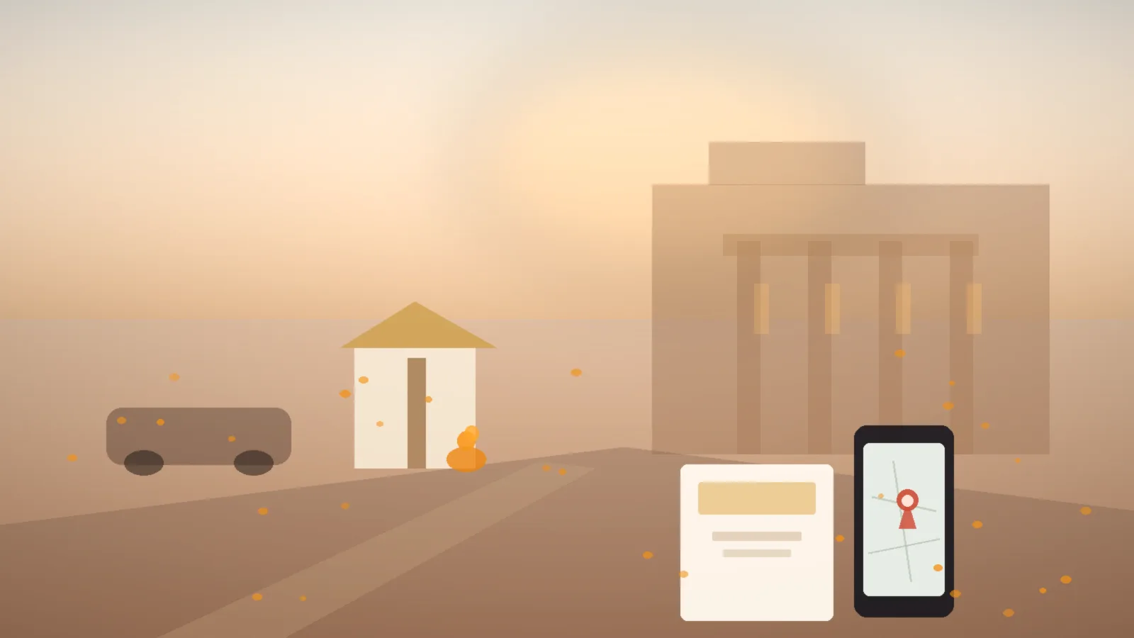 Soft evening wedding venue approach with marigold accents, a discreet valet stand, and a phone showing a map near an invitation card