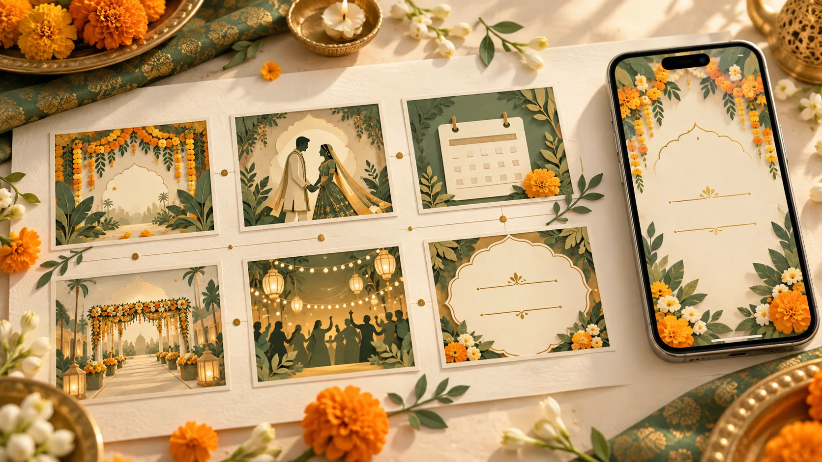 Six marigold and sage wedding storyboard frames beside a phone displaying a matching floral invitation.