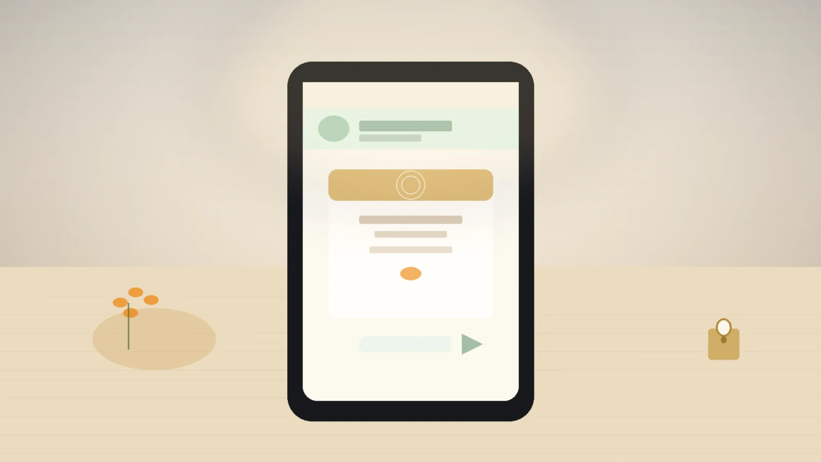 Phone on an ivory desk showing a calm WhatsApp forward preview of a digital wedding invite, soft gold light, subtle privacy mood