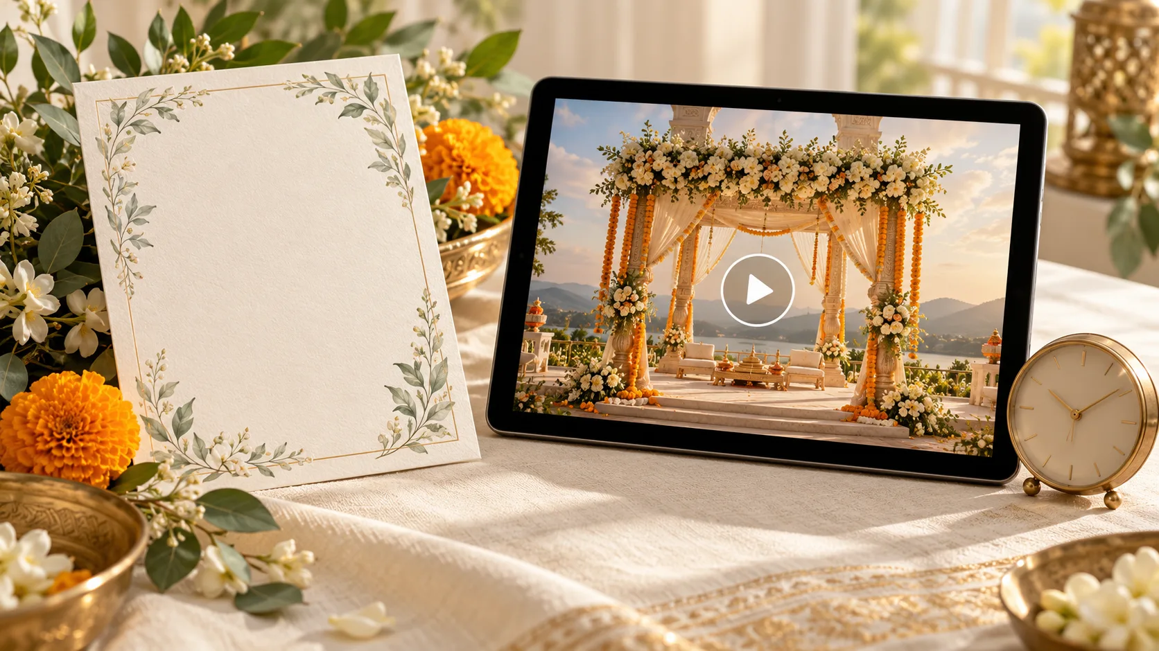 Ivory botanical wedding invitation beside a tablet showing a flower-covered Indian wedding mandap with a play icon, marigolds, sage greenery and a brass clock.