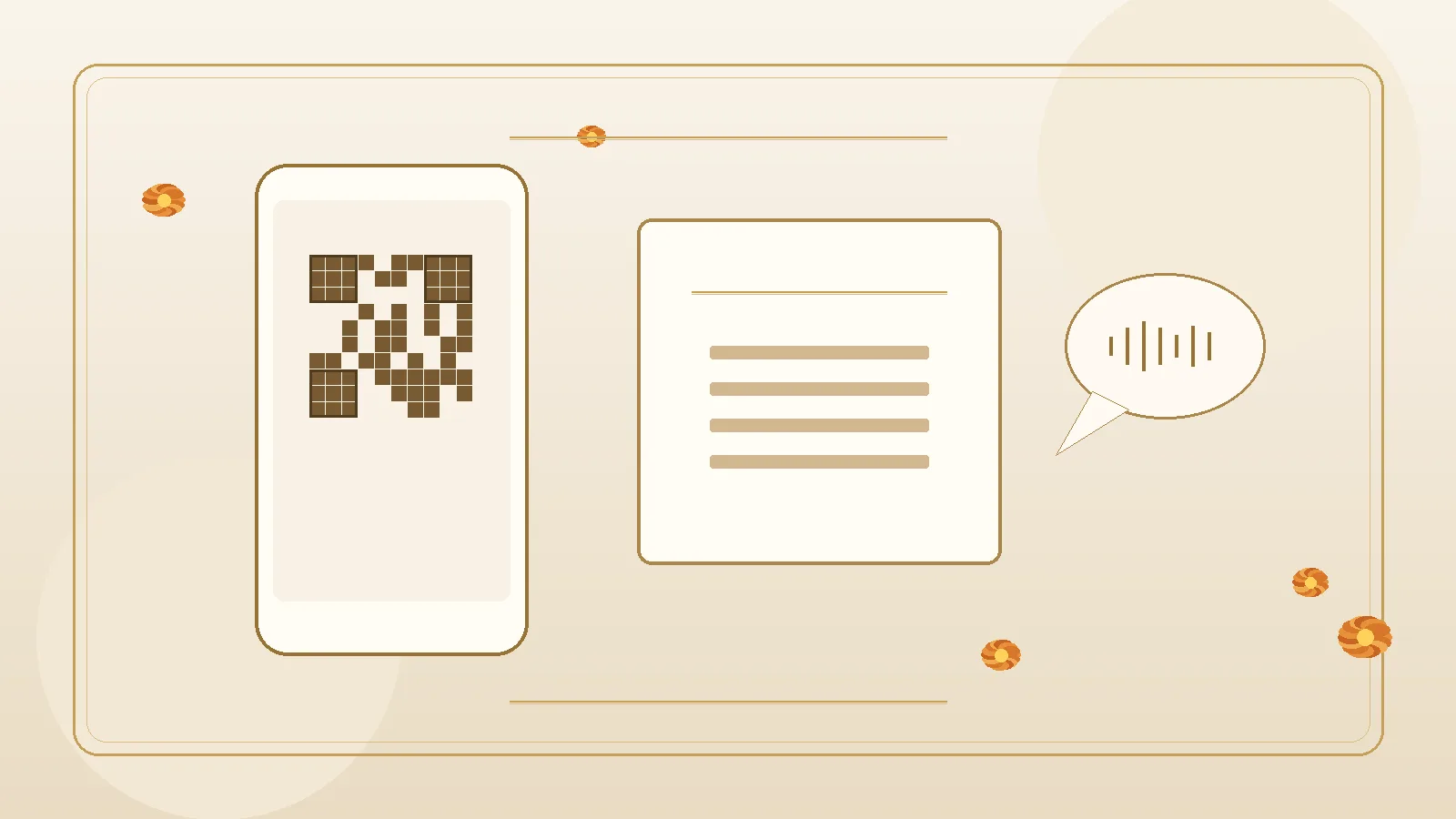 Warm ivory editorial phone QR with speech bubble voice wave and guestbook card
