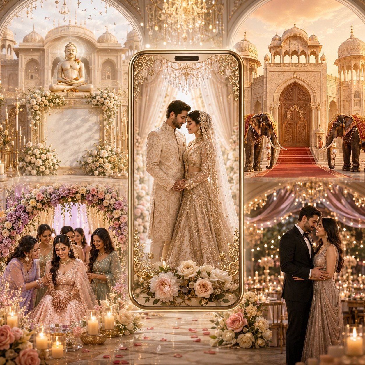 Indian wedding video invite shown inside an ornate phone collage