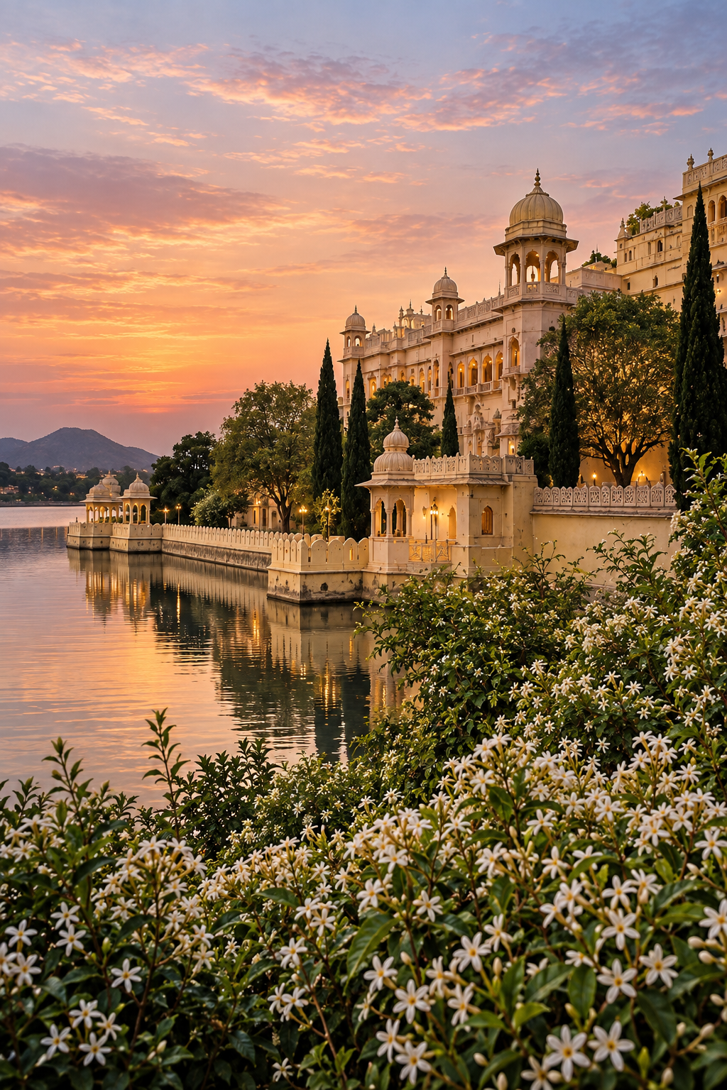 An ivory Indian palace beside the water, surrounded by a lush wedding garden