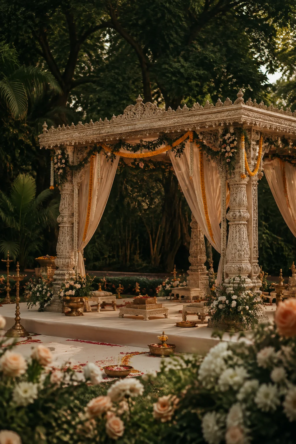 An ivory Hindu wedding mandap with marigold and jasmine garlands in a garden