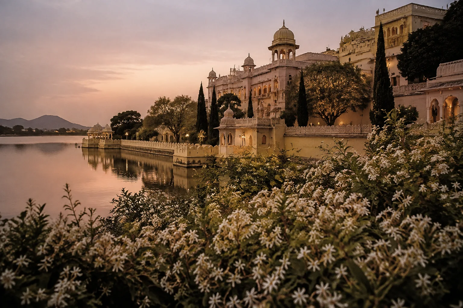 An ivory Indian palace beside the water, surrounded by a lush wedding garden